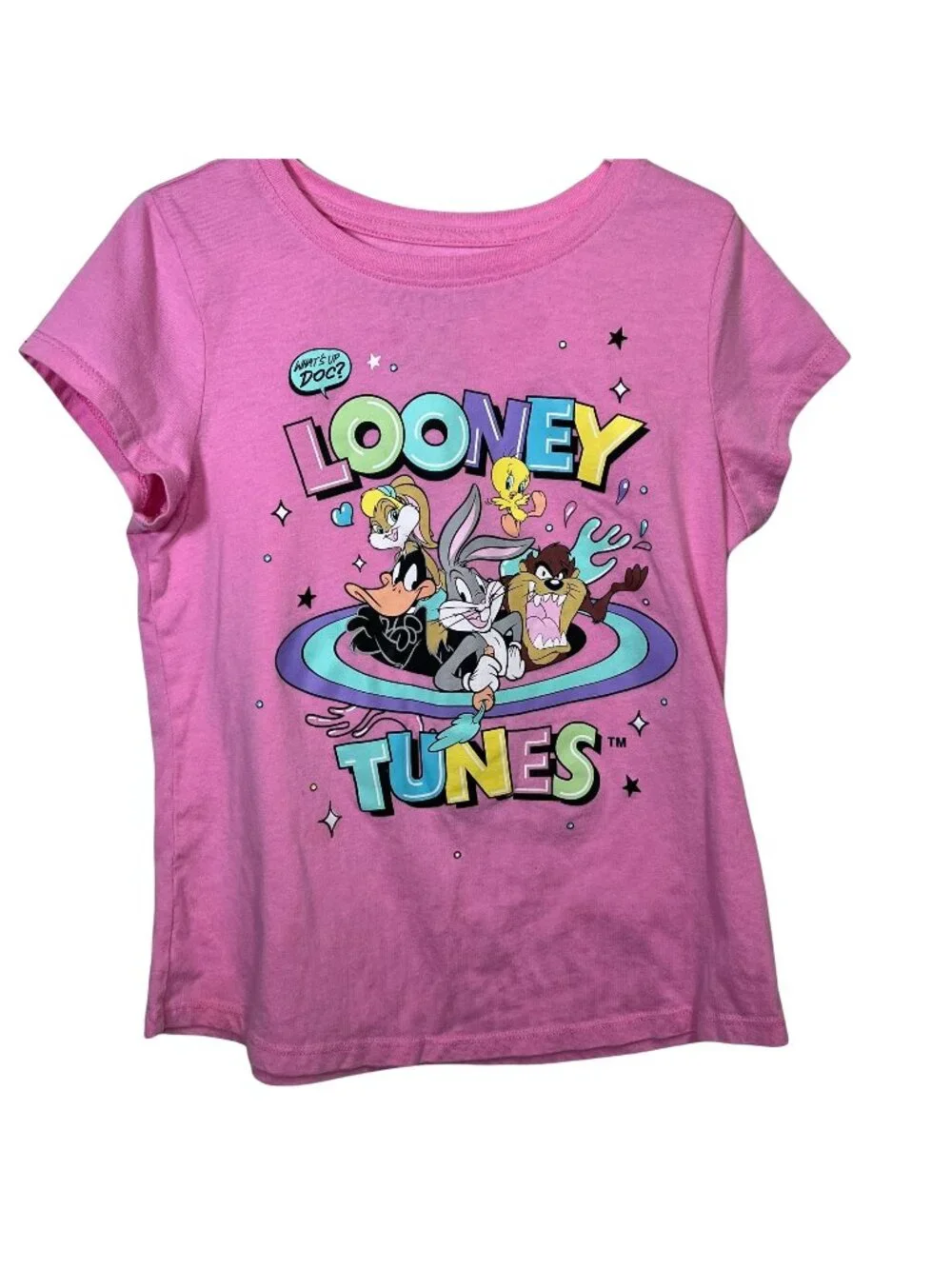 Looney Tunes Girls Pink Bugs Bunny Daffy Taz Graphic T-Shirt Kids Size L